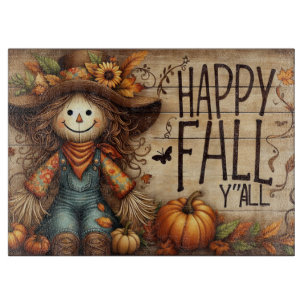 Rustic Happy Fall Y'all Scarecrow with Pumpkins Cutting Board