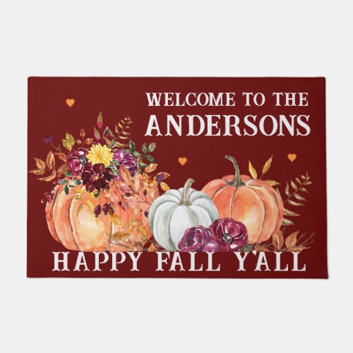 Rustic Happy Fall Yall Watercolor Pumpkin Autumn  Doormat