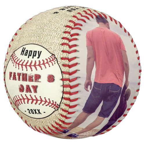 Rustic Happy Father`s Day 2 Photo Collage  Softball - Rustic Happy Father`s Day 2 Photo Collage Softball. This rustic custom and personalized softball is a perfect gift for a dad or a new dad on a father`s day. The best dad ever two photo template softball. Personalize it with two photos and your names. The text is a trendy black and red typography and is written on a softball ball drawing. The background is a rustic beige texture.