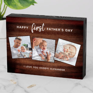 Rustic Happy First Father's Day Wooden 3 Photo Box Sign