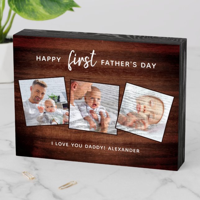 Rustic Happy First Father's Day Wooden 3 Photo Box Sign (In Situ Horizontal)