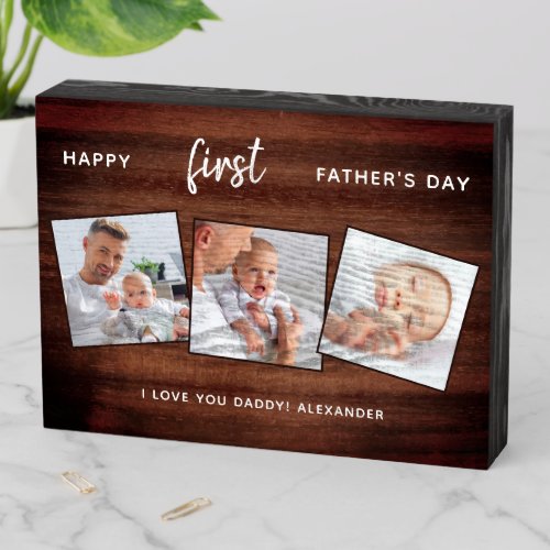 Rustic Happy First Father's Day Wooden 3 Photo Wooden Box Sign - Surprise dad this fathers day with a personalized 3 photo plaque.  
"Happy FIRST Fathers Day " Personalize this dad plaque with favorite photos, message and name.. Visit our collection for the best dad father's day gifts and personalized dad gifts. COPYRIGHT © 2020 Judy Burrows, Black Dog Art - All Rights Reserved. Rustic Happy First Father's Day Wooden 3 Photo Wooden Box Sign 