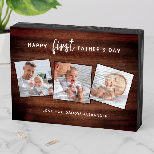 Rustic Happy First Fathers Day Wooden 3 Photo Wooden Box Sign
