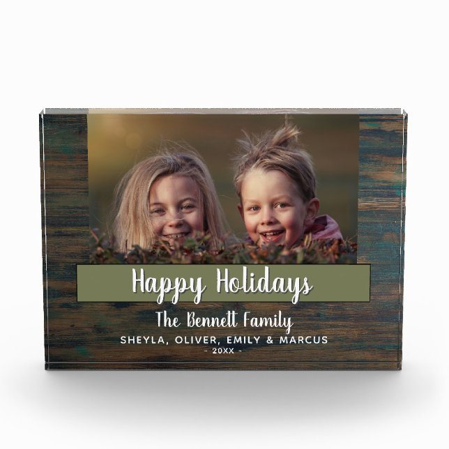 Rustic Happy Holiday Script Custom Family Photo Block (Front)