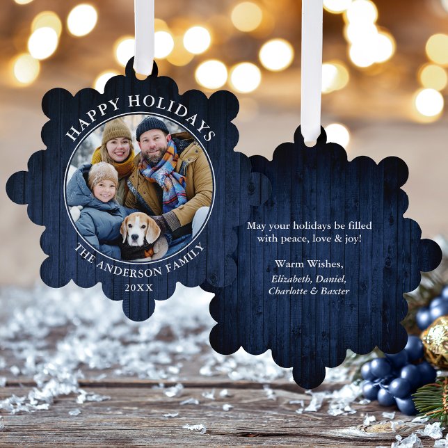 Rustic Happy Holidays Blue Wood Print Ornament Card (A greeting card that is also an ornament! Customize with your photo and personalized text.)