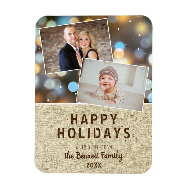 Rustic Happy Holidays Bokeh 2 Photo Collage Magnet (Vertical)