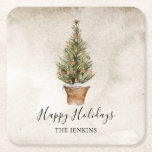 Rustic Happy Holidays Christmas Tree Square Paper Coaster<br><div class="desc">Rustic Happy Holidays Coasters designed with a watercolor Christmas tree. Click Personalize and Edit all Text. Matching items in our store Cava Party Design</div>