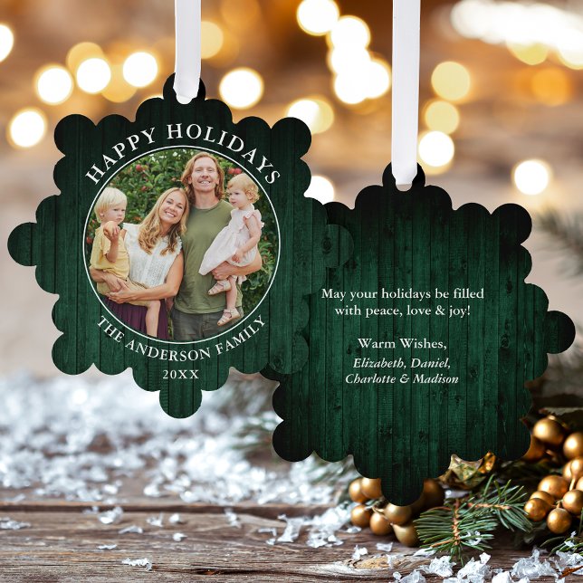 Rustic Happy Holidays Green Wood Print Ornament Card (A greeting card that is also an ornament! Customize with your photo and personalized text.)