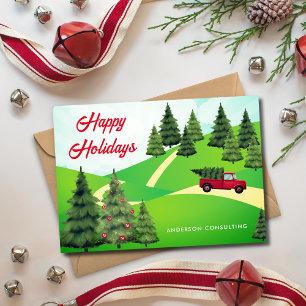 Rustic Happy Holidays Red Truck Tree Buisness Holiday Card