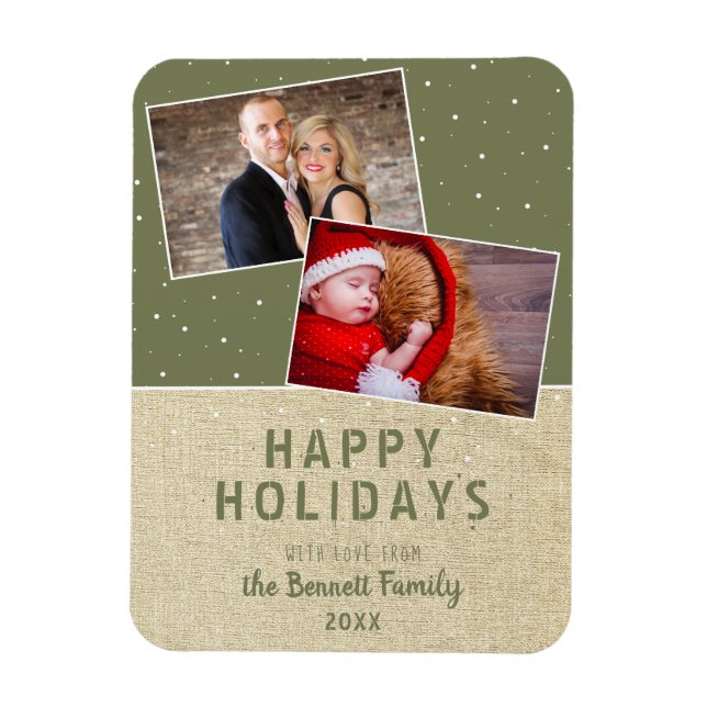 Rustic Happy Holidays Snow 2 Photo Collage Magnet (Vertical)