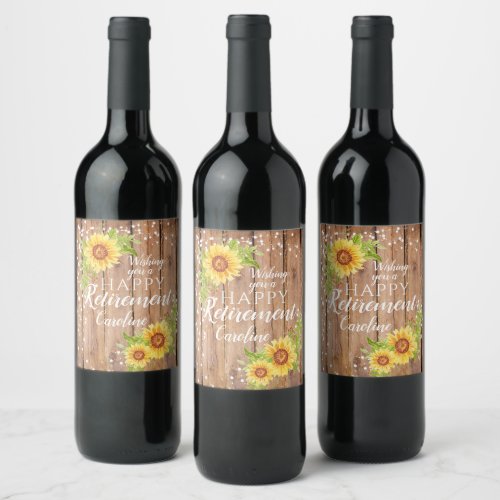 Rustic Happy Retirement Floral Sunflower Wine Label