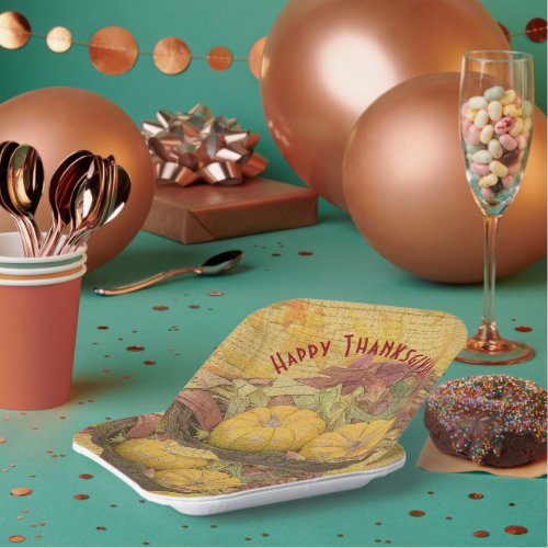 Rustic Happy Thanksgiving Autumn Leaves Gourds Paper Plates