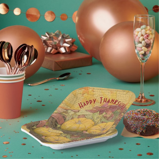 Rustic Happy Thanksgiving Autumn Leaves Gourds Paper Plates (Multi)