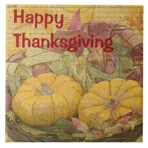 Rustic Happy Thanksgiving Autumn Leaves Gourds Tile