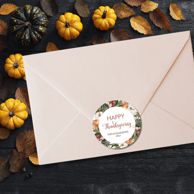 Rustic Happy Thanksgiving Pumpkin Classic Round Sticker | Zazzle