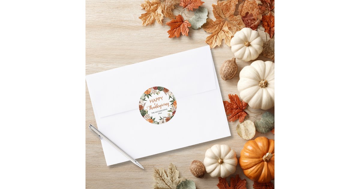 Rustic Happy Thanksgiving Pumpkin Classic Round Sticker | Zazzle