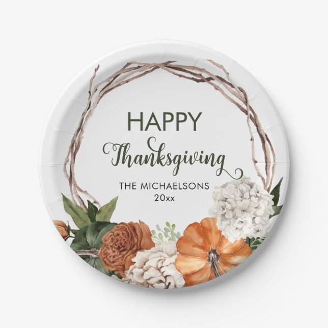 Rustic Happy Thanksgiving Pumpkin Paper Plates (Front)