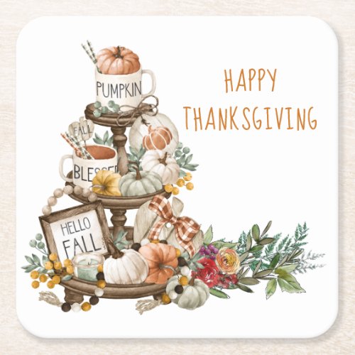 Rustic Happy Thanksgiving Pumpkins Autumn  Square Paper Coaster