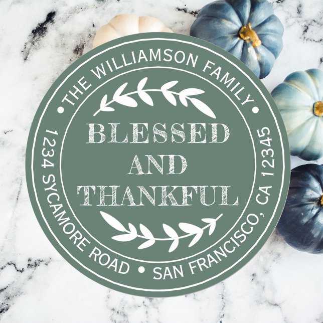 Rustic Happy Thanksgiving Return Address Green Classic Round Sticker (Creator Uploaded)