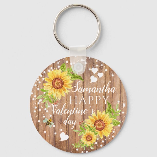 Rustic Happy Valentine's Floral Personalized Keychain (Front)