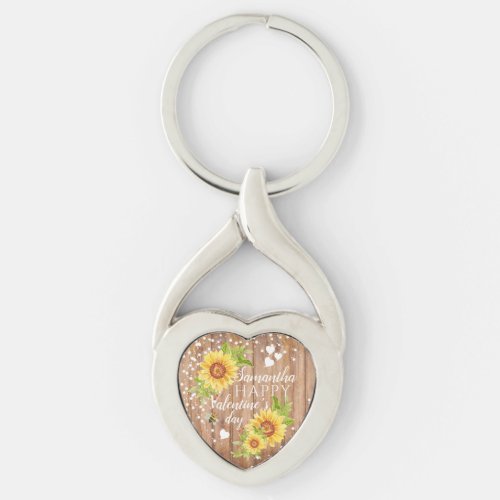 Rustic Happy Valentines Floral Sunflower Keychain