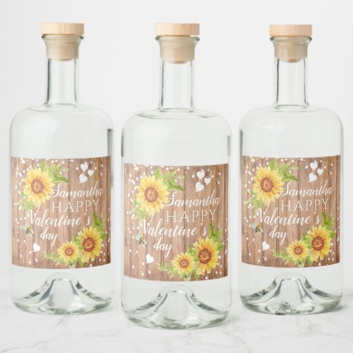 Rustic Happy Valentines Floral Sunflower Liquor Bottle Label