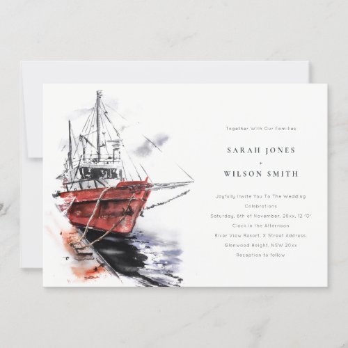 Rustic Harbor Yacht Sailboat Watercolor Wedding Invitation