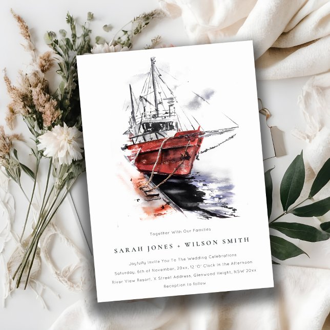Rustic Harbor Yacht Sailboat Watercolor Wedding Invitation (Creator Uploaded)