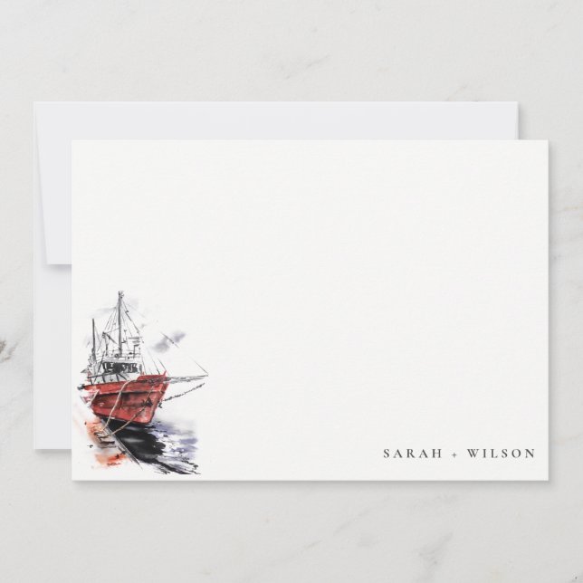 Rustic Harbor Yacht Sailboat Watercolor Wedding Note Card (Front)