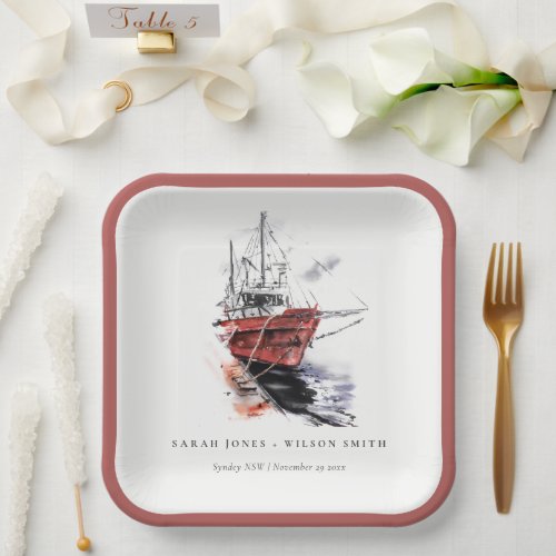 Rustic Harbor Yacht Sailboat Watercolor Wedding Paper Plates