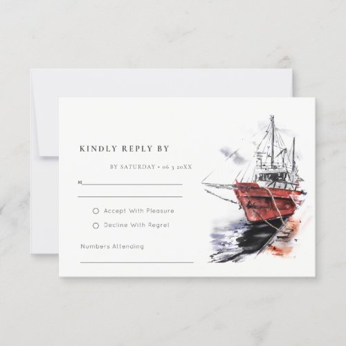 Rustic Harbor Yacht Sailboat Watercolor Wedding RSVP Card