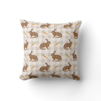 Rustic Hare And Carrot Beige Gingham Spring Easter Throw Pillow