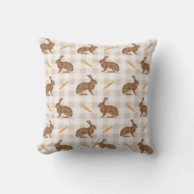 Rustic Hare And Carrot Beige Gingham Spring Easter Throw Pillow (Front)