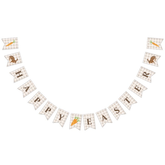 Rustic Hare And Carrot Happy Easter Beige Gingham Bunting Flags (All)