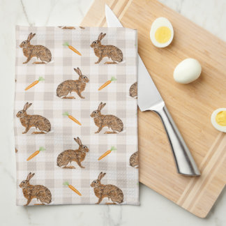 Rustic Hare And Carrot Pattern Beige Farmhouse Kitchen Towel