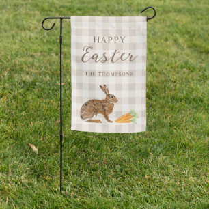 Rustic Hare And Carrots Happy Easter Beige Gingham Garden Flag