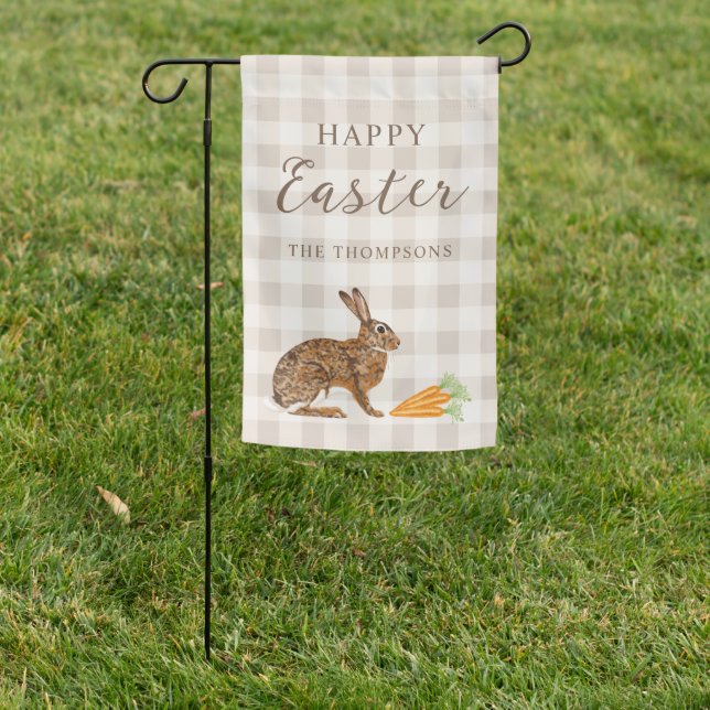 Rustic Hare And Carrots Happy Easter Beige Gingham Garden Flag (In SItu)