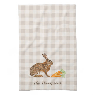 Rustic Hare And Carrots With Name Beige Gingham Kitchen Towel