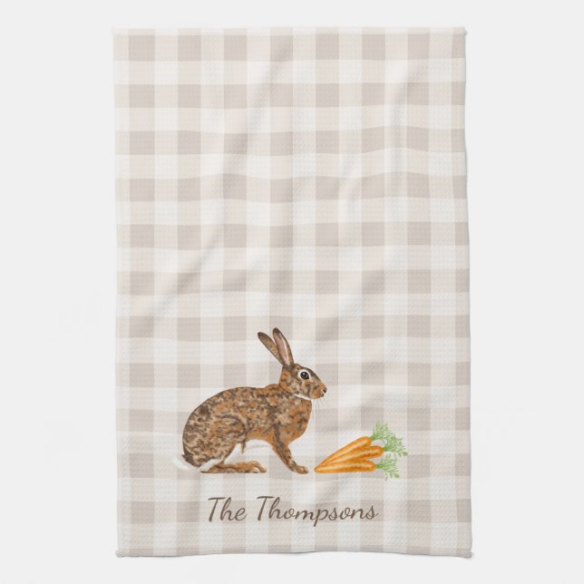 Rustic Hare And Carrots With Name Beige Gingham Kitchen Towel (Vertical)
