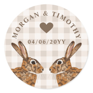 Rustic Hare Bunnies With Names And Date Wedding Classic Round Sticker