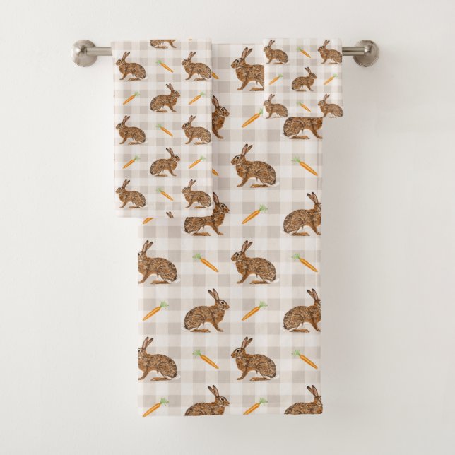 Rustic Hares And Carrots Beige Gingham Pattern Bath Towel Set (Insitu)