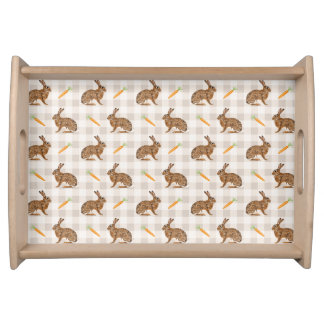 Rustic Hares And Carrots Beige Gingham Pattern Serving Tray