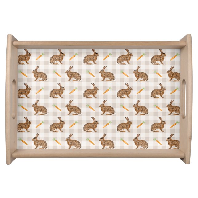 Rustic Hares And Carrots Beige Gingham Pattern Serving Tray (Front)