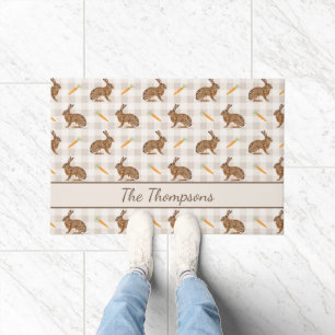 Rustic Hares And Carrots Beige Gingham Spring Doormat