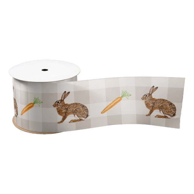 Rustic Hares And Carrots Beige Gingham Spring Satin Ribbon (Spool)