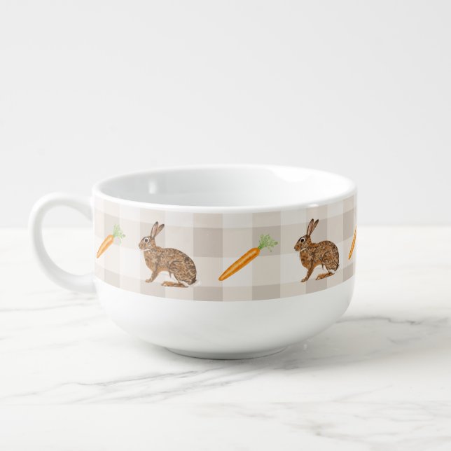 Rustic Hares And Carrots Beige Gingham Spring Soup Mug (Right)