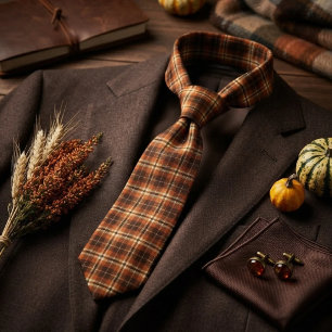 Rustic Harvest Autumn Tartan Plaid Orange & Brown Neck Tie