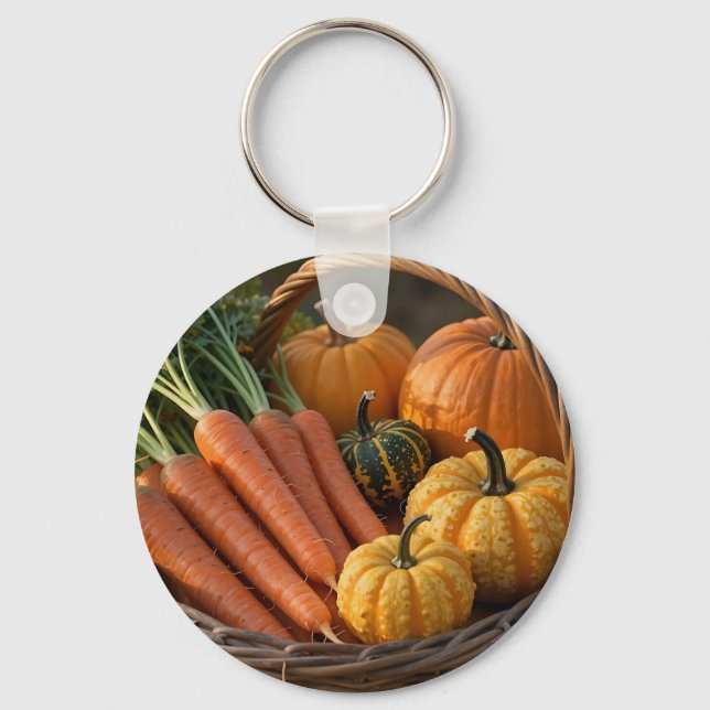 Rustic Harvest Basket Pumpkins Carrots Keychain (Front)