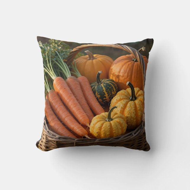 Rustic Harvest Basket Pumpkins Carrots Throw Pillow (Front)