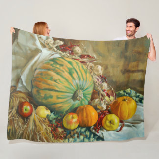 Rustic Harvest Still Life with Pumpkins and Apples Fleece Blanket